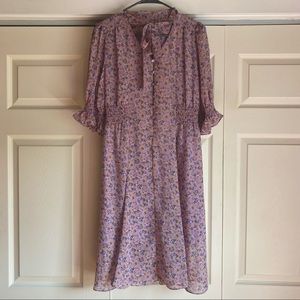 Lavender flower ribbon tie ruffle chiffon dress